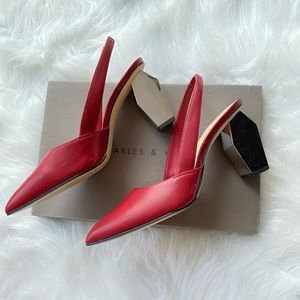 Charles & Keith Metallic Block Heel Slingback Pumps - Red